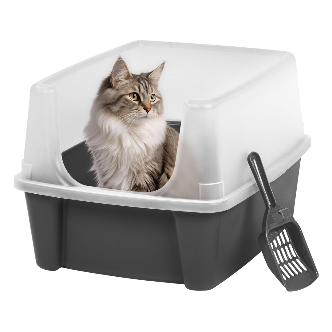 Iris Ohyama Katzenklo mit Schaufel, bis 7 kg, Grau, offen, ohne Deckel, Katzentoilette, hoher Abnehm