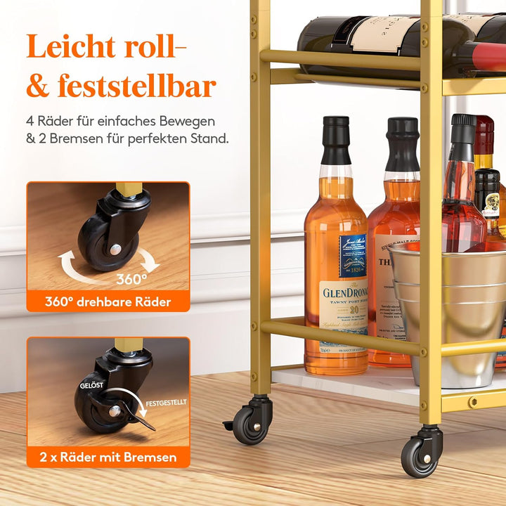 Lifewit Servierwagen, 3-stöckiger Barwagen mit blockierbaren Rädern, Weinregal und Glashaltern, Küch