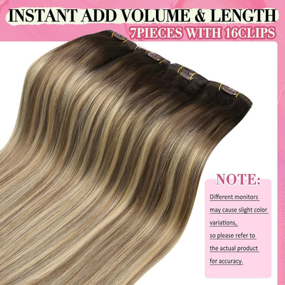 YoungSee Echthaar Extensions Clip Balayage 35cm Clip in Extensions Echthaar Braun Balayage Blond Inv