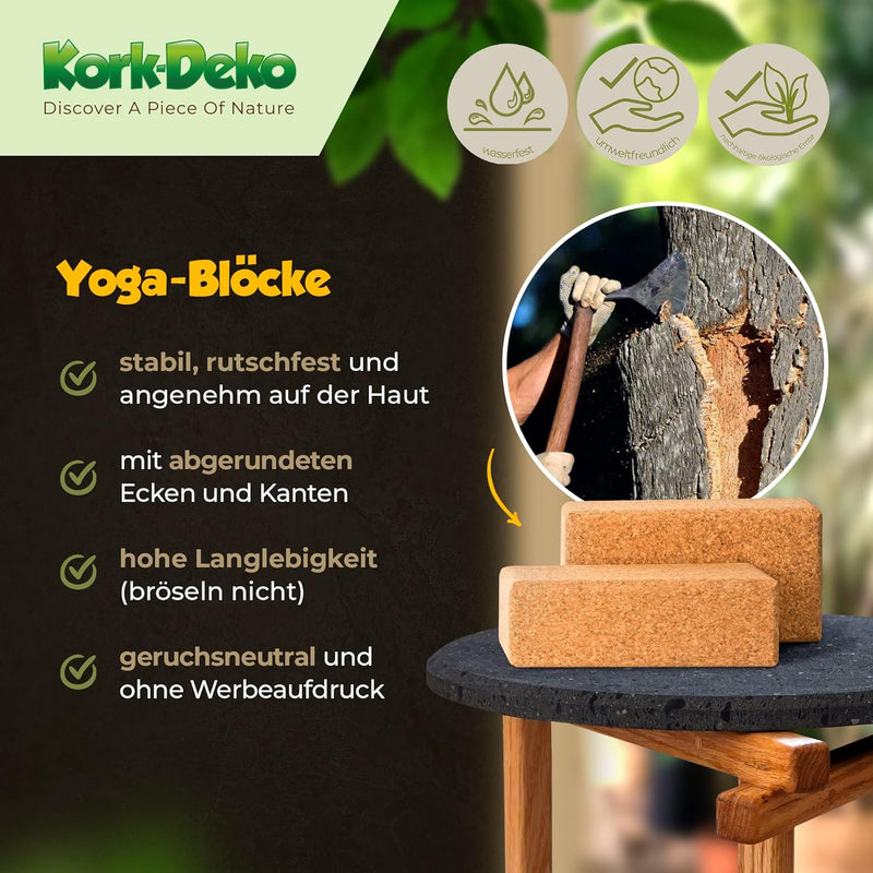 Yoga-Block Kork einzeln oder Set [1er oder 2er-Set] - 100% Naturkork | Hatha Kork Klotz Yoga, ökolog