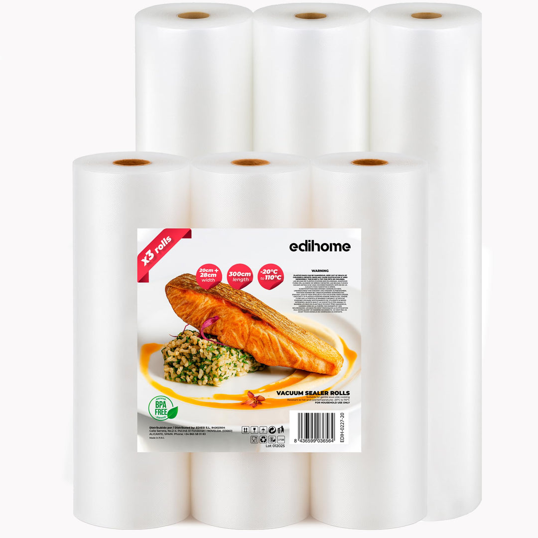Edihome, Vakuumierbeutel, Set 6 Rollen, 20x300cm + 28x300cm, Sous Vide, BPA frei, nicht Wiederverwen
