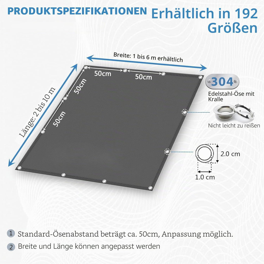 Sonnenplane 2x4M, Segeltuch Meterware im Viele Grösse und Farben, Windschutznetz inkl Befestigungsse