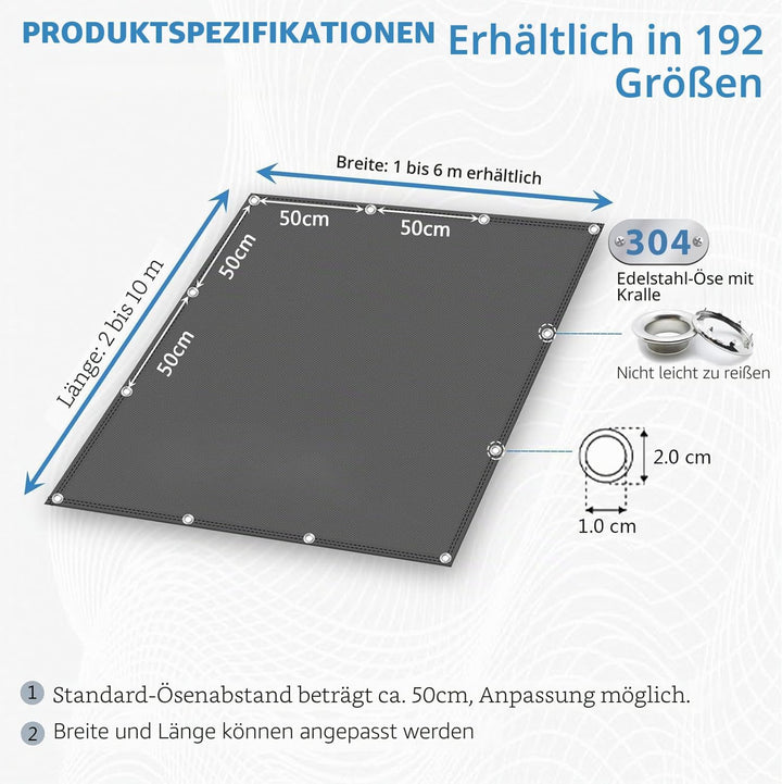 Sonnenplane 2x4M, Segeltuch Meterware im Viele Grösse und Farben, Windschutznetz inkl Befestigungsse