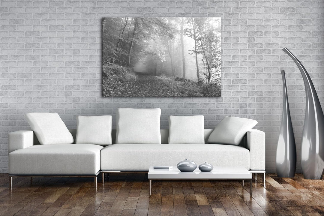 deyoli vernebelter Waldweg im Herbst Effekt: Schwarz/Weiss Format: 80x60 als Leinwand, Motiv fertig