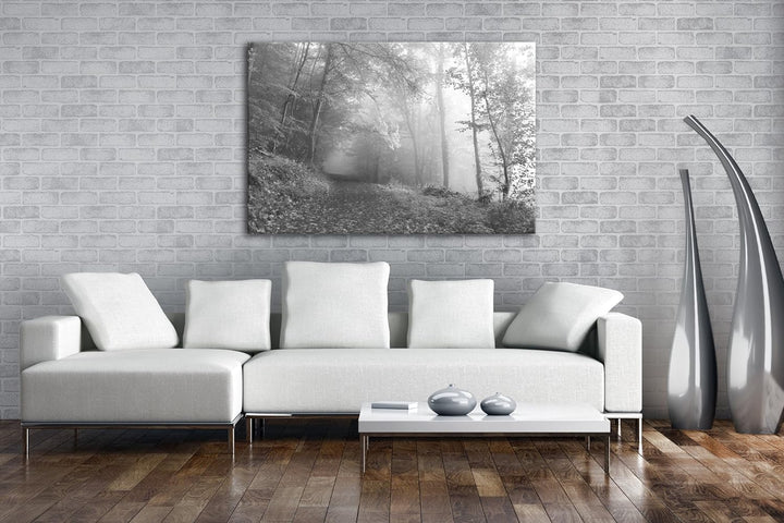 deyoli vernebelter Waldweg im Herbst Effekt: Schwarz/Weiss Format: 80x60 als Leinwand, Motiv fertig