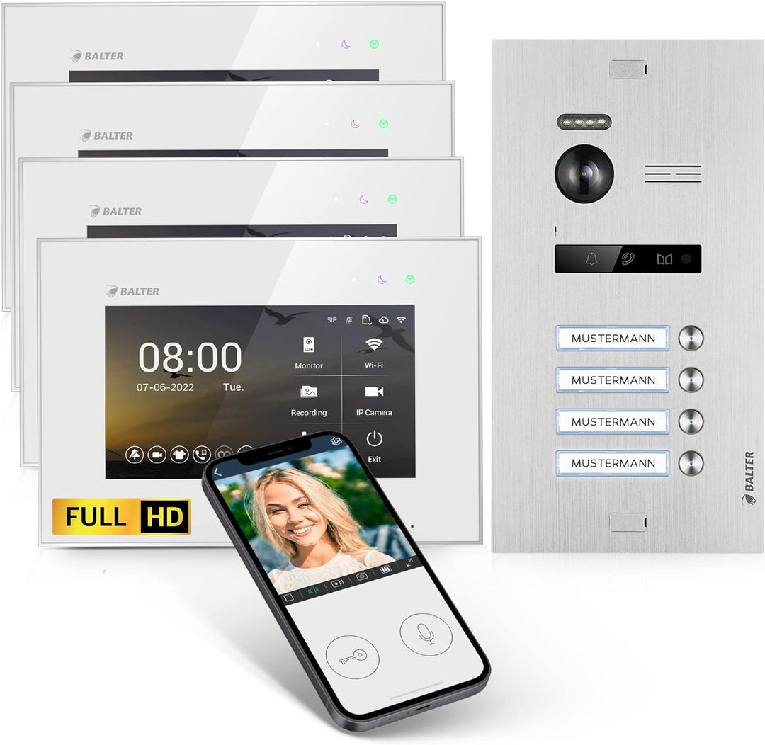 Balter EVO-HD Video Türsprechanlage, Video Türklingel mit Kamera, 4 familienhaus Klingel, Smartphone
