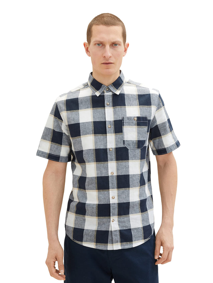 TOM TAILOR Herren Kurzarm-Hemd aus Leinen XXL 31237 - Navy Off White Beige Check, XXL 31237 - Navy O