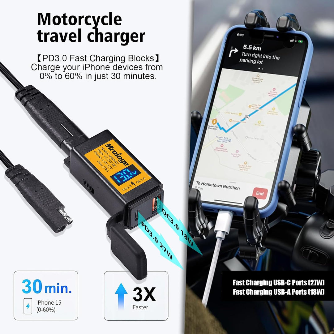 Mroinge Motorrad-USB-C-Ladegerät, SAE-auf-USB-Adapter, 27 W, Dual-Port-USB-Schnellladegerät mit Volt