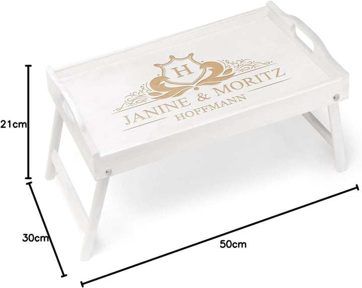 Maverton Frühstückstablett mit Gravur - für Zwei - Betttisch mit Griffen - klappbare Beine - Weiss -
