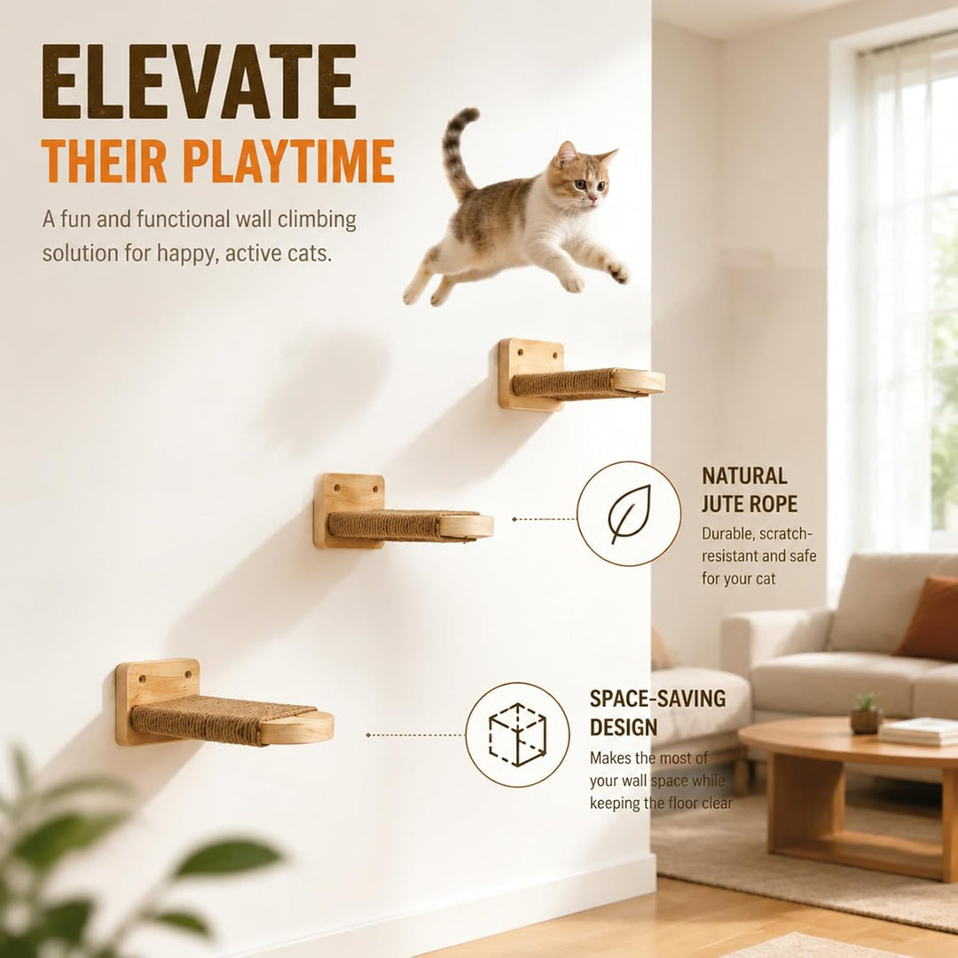Katzentreppe Wand 2er-Pack, Katzenleiter aus Massivholz mit Juteseil, Kletterwand Katzen, Kratzfunkt