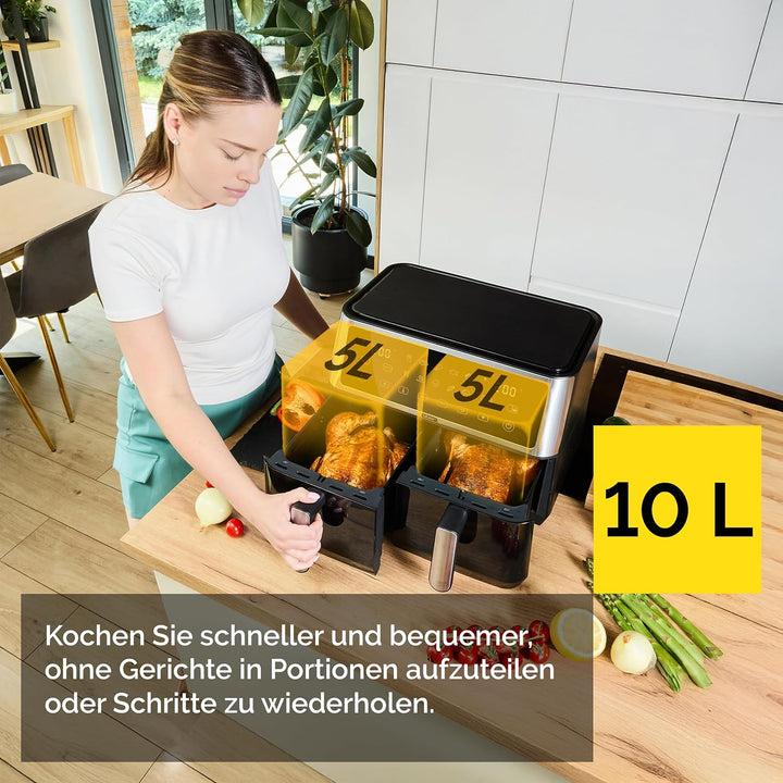 Yoer Heissluftfritteuse, 10L Airfryer, 2 Fächer, 6-in-1, 10 automatische Programme, Spülmaschinenfes