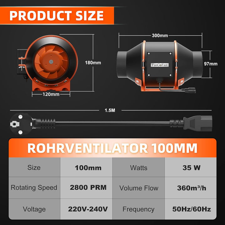FanGoFast Rohrventilator 100mm Regelbar 360m³/h Rauchabzug Inline Abluftventilator Ideal Rohrlüfter