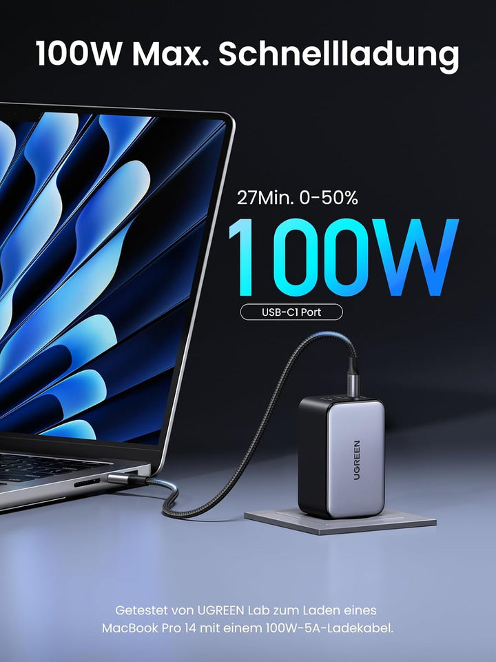 UGREEN Nexode X USB C Ladegerät 100W Mini GaN Charger 3-Port PD Netzteil Kompaktes Schnellladegerät