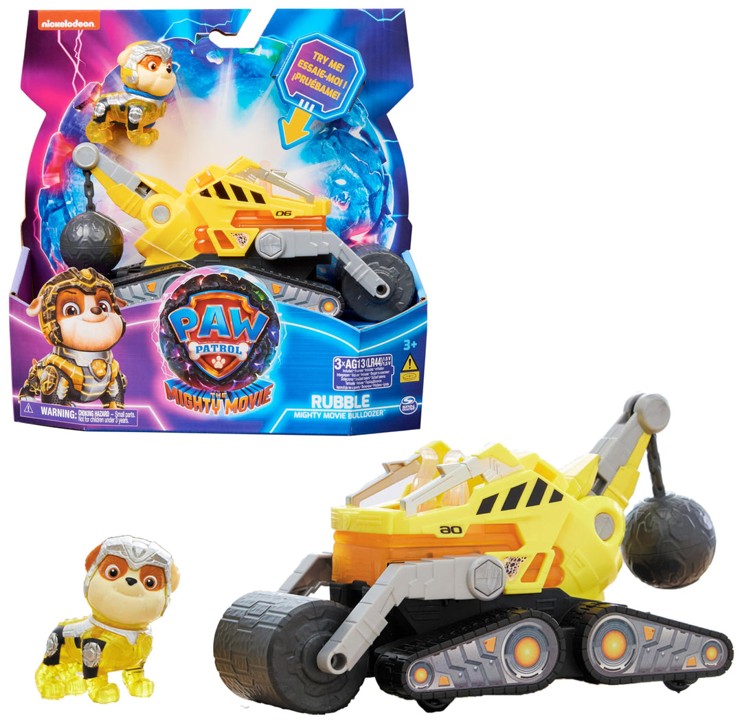PAW Patrol: Der Mighty Kinofilm, Superhelden-Basis-Fahrzeug von Rubble mit Welpenfigur, Baustellenfa