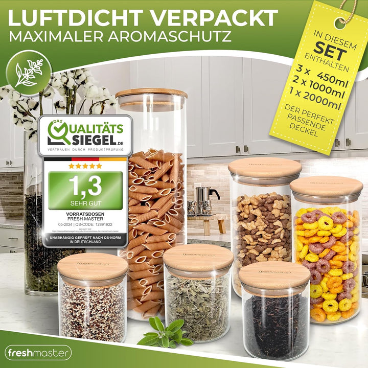 freshmaster Premium Vorratsdosen Glas mit Bambusdeckel I Vorratsgläser mit Deckel für luftdichte Auf