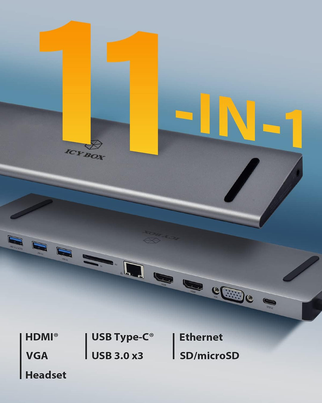 ICY BOX USB-C Docking Station (11-in-1) für 2 Monitore (2x HDMI & 1x VGA), 4K 30Hz, 3-fach USB 3.0 H