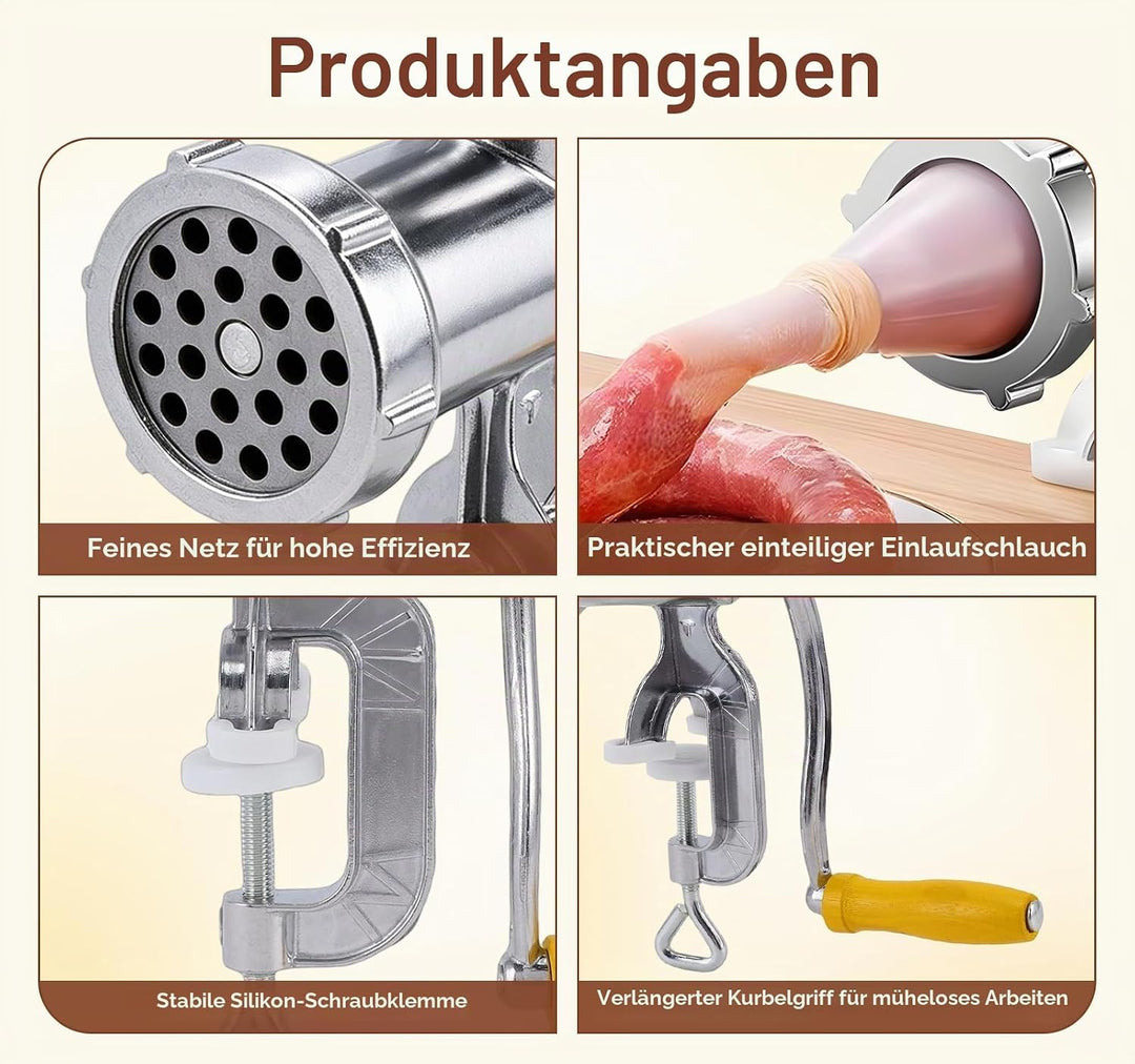 Manuelle Fleischmühle, Grösse 5 Wurstfüller Fleischwolf mit Lochscheiben und Gebäckvorsatz Wurstfüll