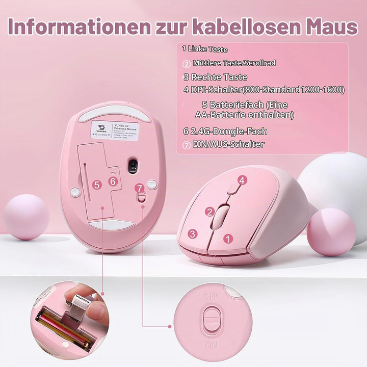 YUNZII C2 Drahtlose Maus, 2,4 GHz Silikon-Lautlose Funkmaus, 3 Verstellbare DPI, 1600 DPI Tracking,