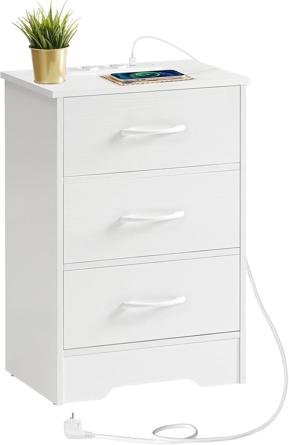 HOOBRO Nachttisch mit Ladestation, schmaler Beistelltisch mit 3 Schubladen, Sofatisch, mit 2 Steckdo