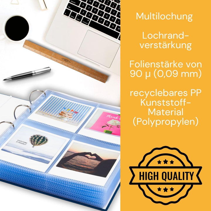 perfect line • 100 Sammelhüllen DIN-A4, 4-geteilt, Fotohüllen transparent, Prospekthüllen Glasklar,