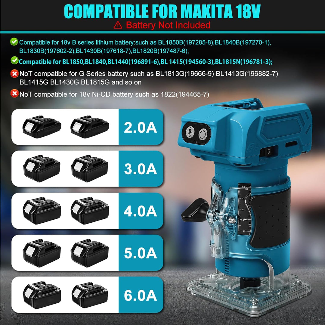 Akku Oberfräse kompatibel mit Makita 18V Akku, 800W Bürstenloser Kantenfräser Set mit 5 Geschwindigk