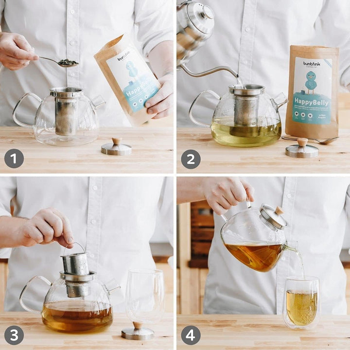 buntfink®„TeaPot“ Teekanne Glas mit Siebeinsatz für 1.300 ml I Glasteekanne mit Siebeinsatz aus Boro