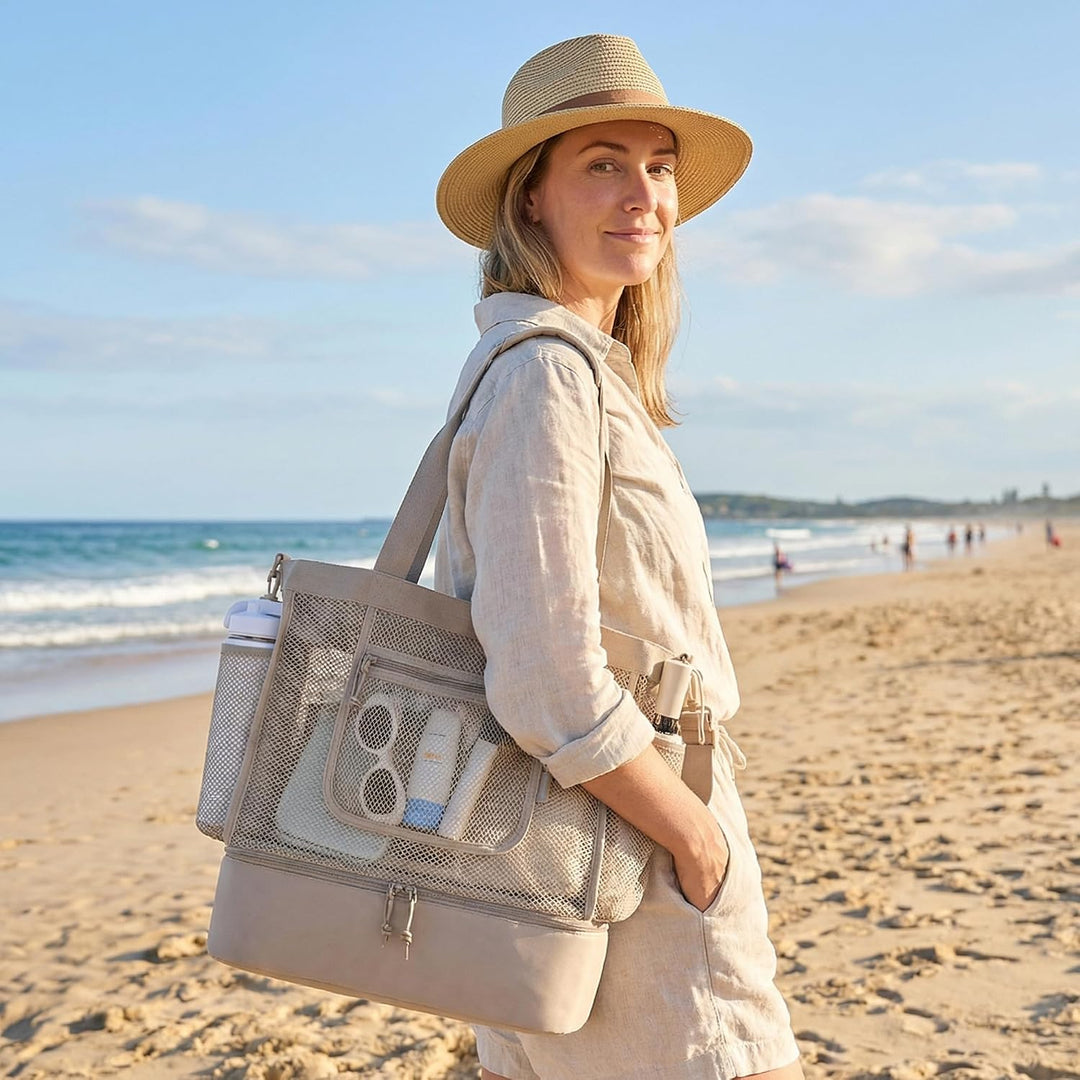 Strandtasche mit Kühlfach - Grosse Mesh Beach Bag wasserdicht mit Reissverschluss &amp; Fächern, Abnehmb