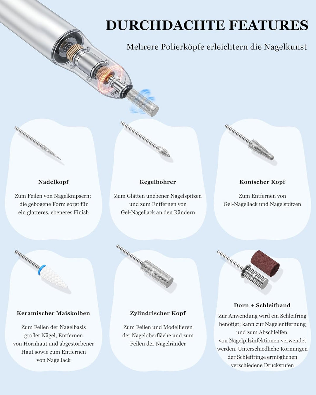 Elektrische Nagelfräser mit UV-LED Nagellampe & Nagel Staubabsaugung (Stufenloses Getriebe) : 3-in-1