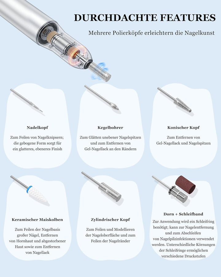 Elektrische Nagelfräser mit UV-LED Nagellampe & Nagel Staubabsaugung (Stufenloses Getriebe) : 3-in-1