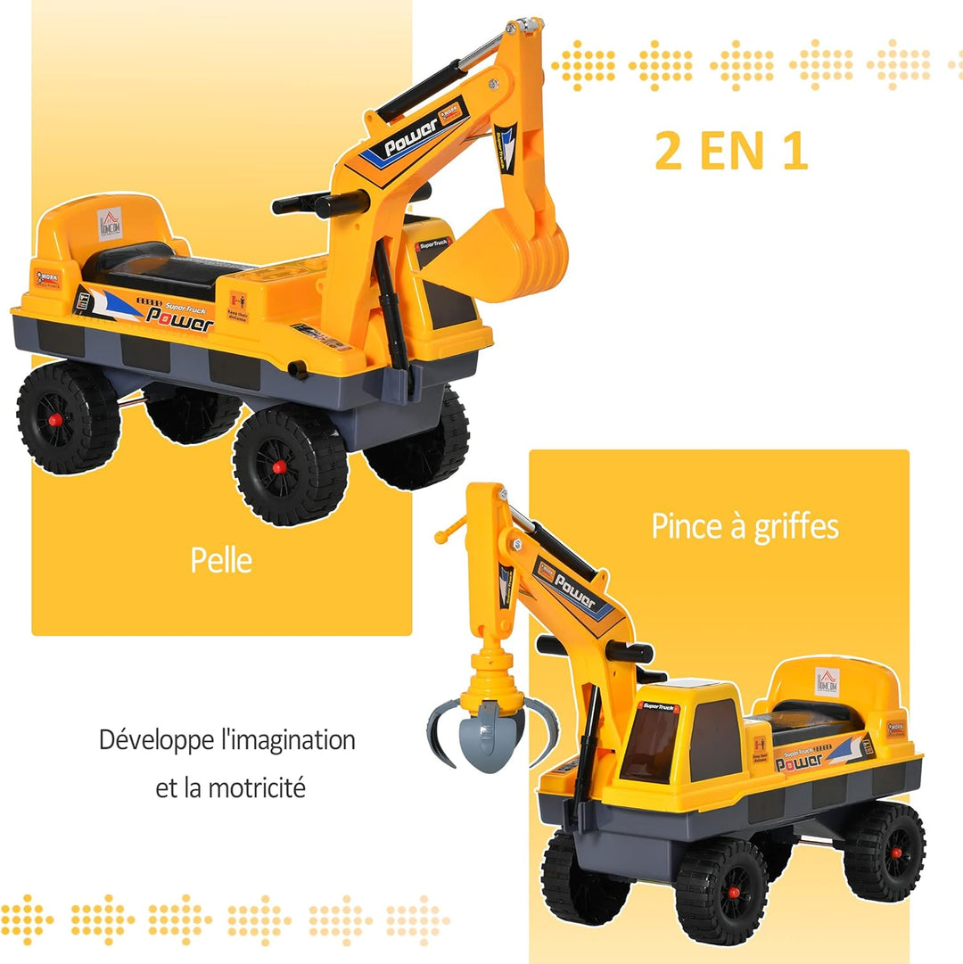 Homcom Kinder Tritor Lauflernhilfe Traktor 2 – 3 Jahre Bagger mit Gelenk, mit Zange inkl. Soundeffek