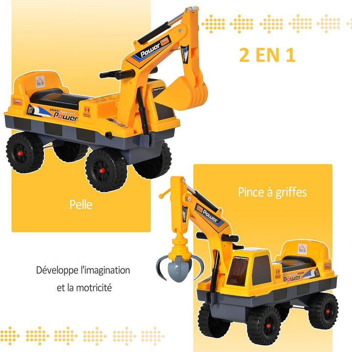 Homcom Kinder Tritor Lauflernhilfe Traktor 2 – 3 Jahre Bagger mit Gelenk, mit Zange inkl. Soundeffek