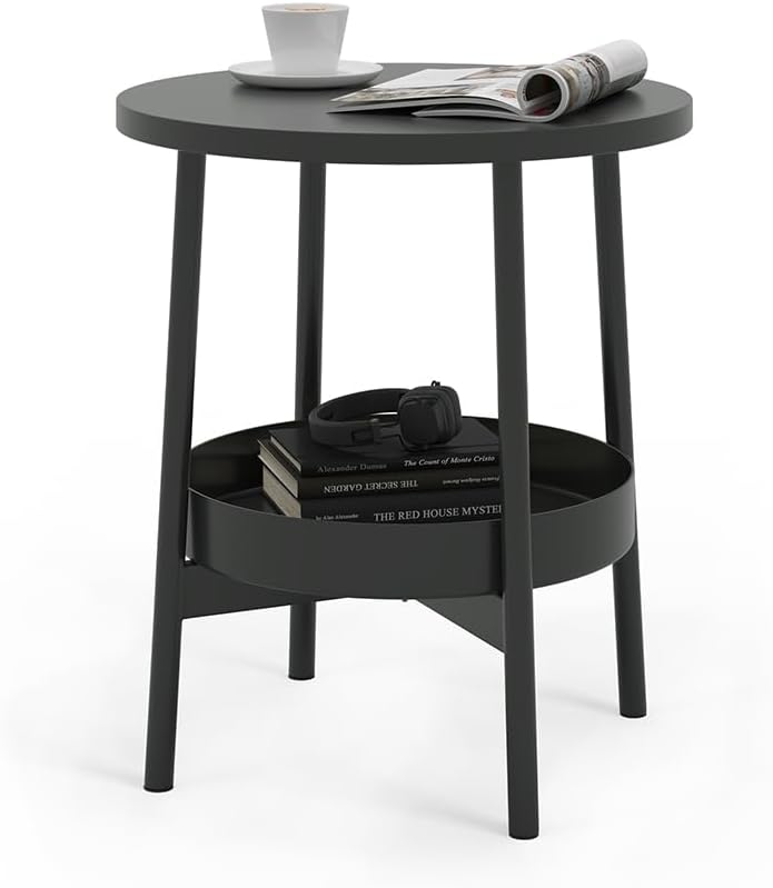 Vicco Beistelltisch Riono, Schwarz, 40 x 40 cm mit zusätzlicher Ablagefläche, Schwarz