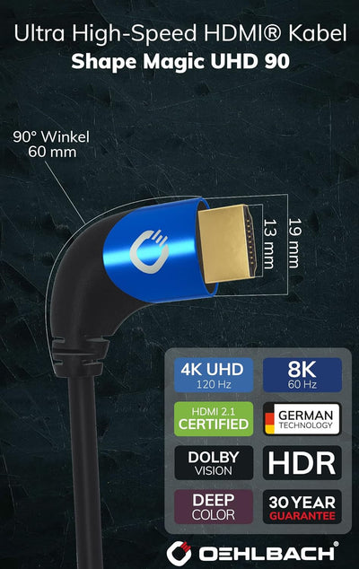 Oehlbach Shape Magic 90 UHD - 8K Ultra High Speed 2.1 HDMI-Kabel - Zertifiziert 48 Gbps (90 Grad Win