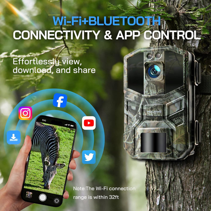 WOLFANG Wildkamera, 64MP 4K HD WLAN Wildtierkamera mit App, Jagdkamera mit Nachtsicht, Bewegungssens