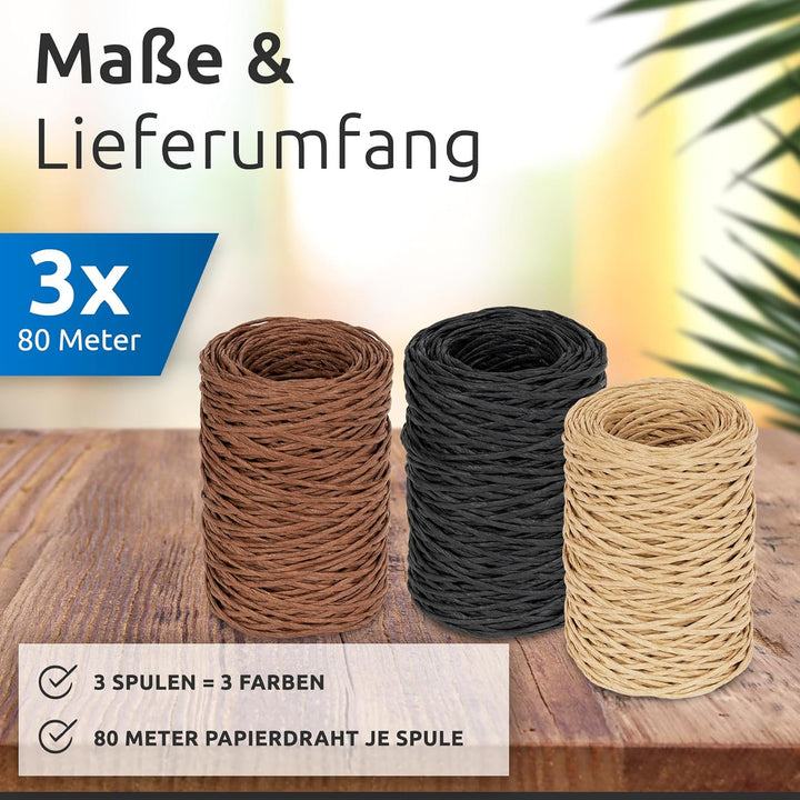 ECENCE Papierdraht zum Basteln 3x 80m, Blumenbindedraht & Dekodraht Natur für Blumenarrangements, Ve
