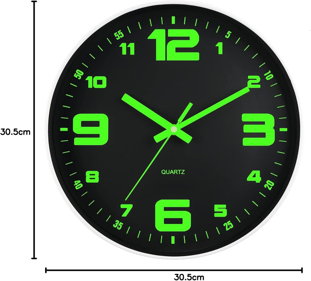DIYZON Leuchtende Wanduhr, Geräuschlos, Nicht tickend, 30 cm, Nachtlicht-Wanduhren, Batteriebetriebe