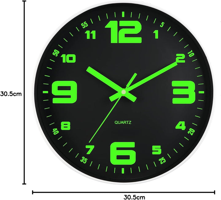 DIYZON Leuchtende Wanduhr, Geräuschlos, Nicht tickend, 30 cm, Nachtlicht-Wanduhren, Batteriebetriebe