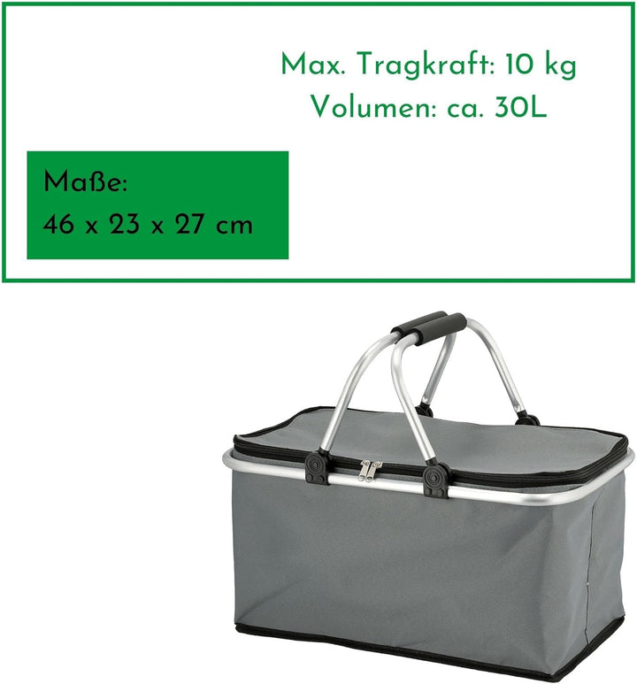 Novaliv 2X Einkaufskorb faltbar mit Kühlfunktion 30 Liter GRAU Isolierkorb mit gepolsterten Tragegri