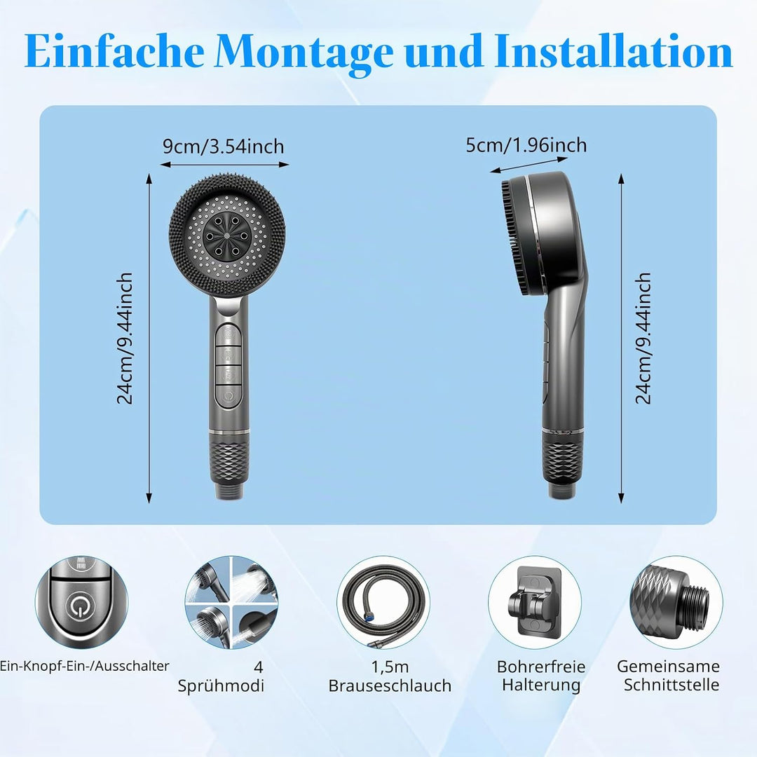 Duschkopf mit Filter, Hochdruck Handbrause mit 1.5 M Schlauch, Brausekopf Dusche, 4 Strahlarten, Dus