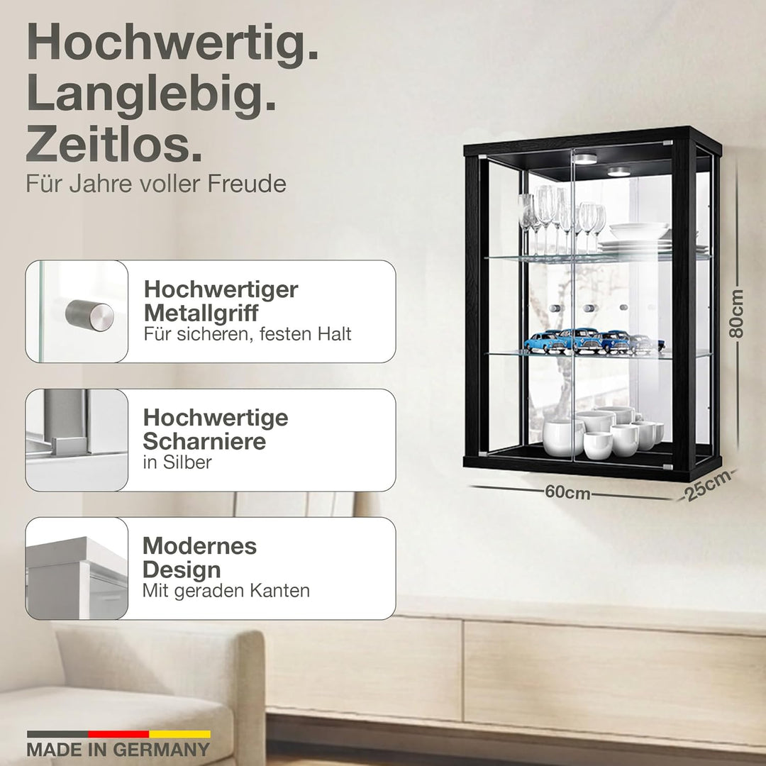 Hängevitrine in Schwarz (80x60x25 cm) mit 2 höhenverstellbaren Glasböden, Spiegel & LED - Modellauto