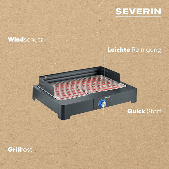 SEVERIN Tischgrill mit Edelstahl-Grillrost für drinnen und draussen, Elektrogrill mit schnellem Gril