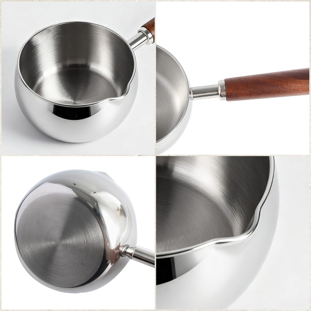 IMEEA Edelstahl Milchkochtopf 500ml mit Holzgriff kleiner Stielkasserolle Induktion geeignet Mini Mi