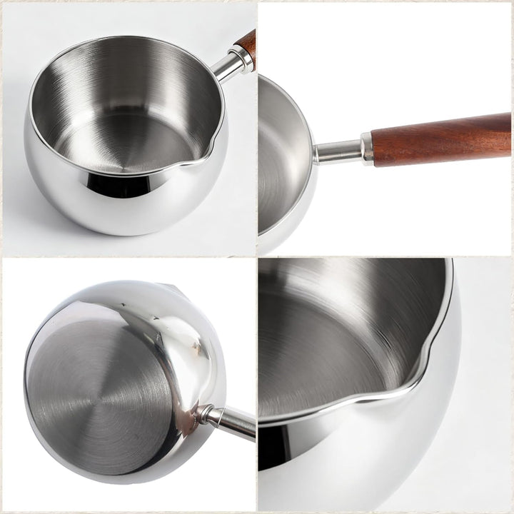 IMEEA Edelstahl Milchkochtopf 500ml mit Holzgriff kleiner Stielkasserolle Induktion geeignet Mini Mi
