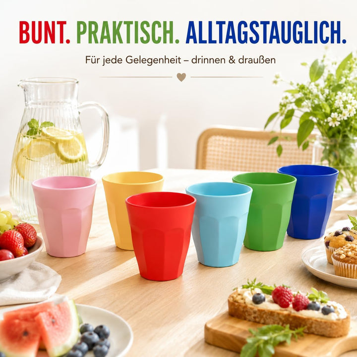 ReWu Melamin Becher 6er Set bunt, 250 ml | BPA-frei, robust, leicht Becher Set, Becher Set