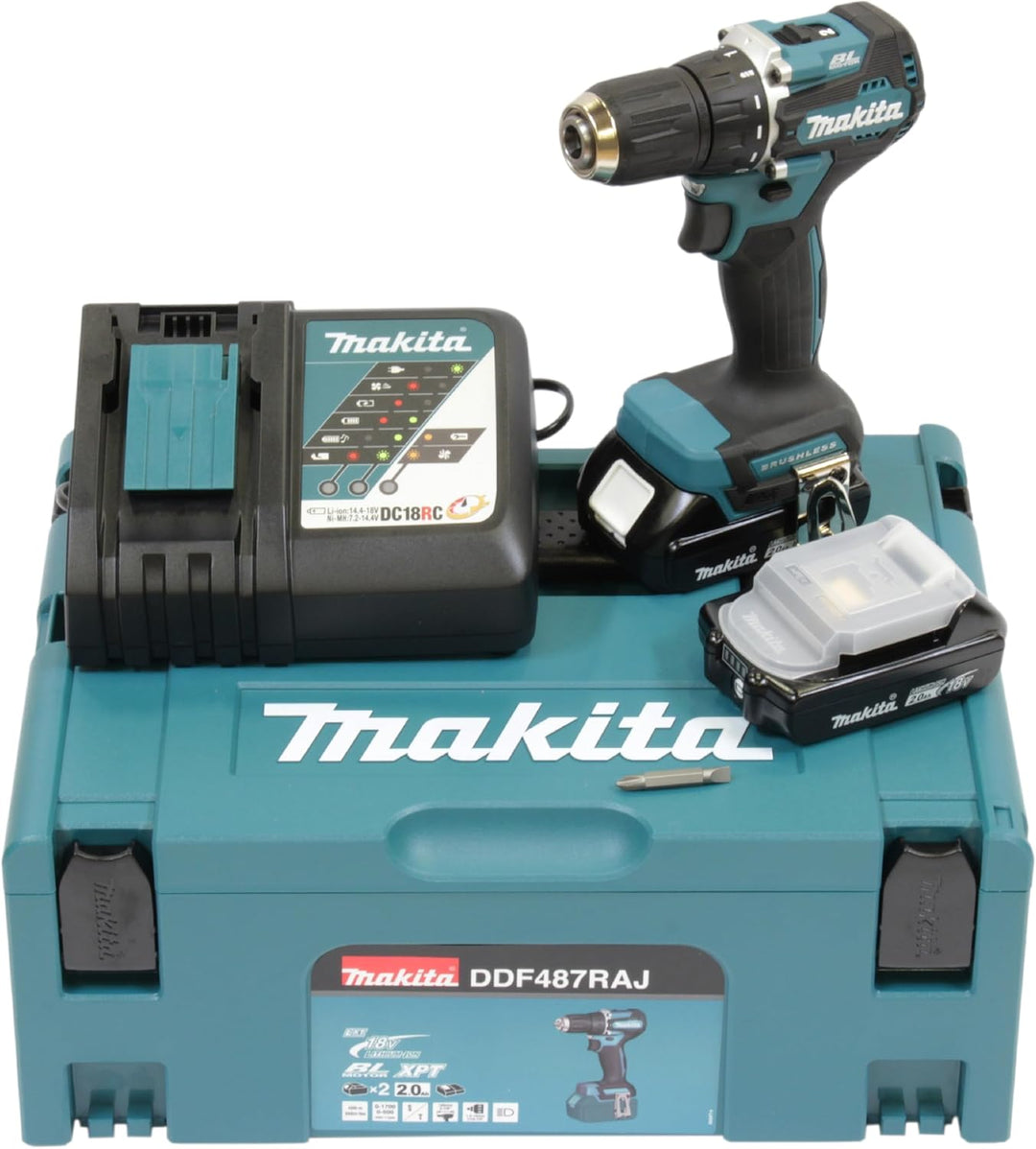Makita DDF487RAJ Akku-Bohrschrauber 18V / 2,0 Ah, 2 Akkus + Ladegerät im MAKPAC, Petrol mit 2 Akkus