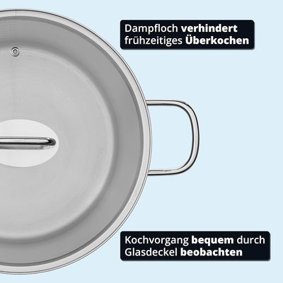 KHG Topf Kochtopf 26 cm, 9 Liter Induktion, Edelstahl unbeschichtet inkl. Glasdeckel - XXL Suppentop