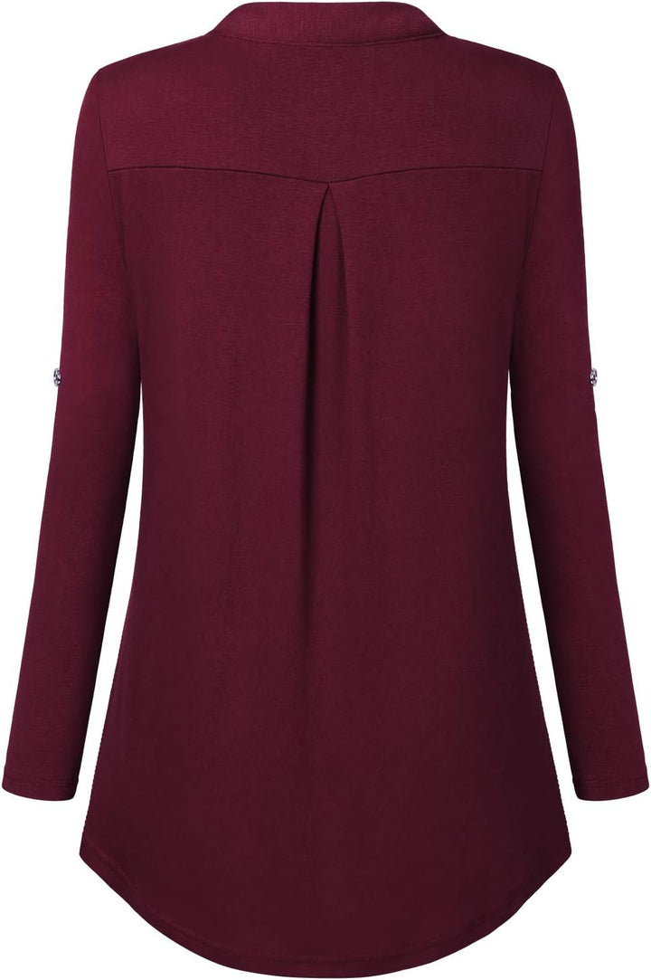Siddhe Damen V-Ausschnitt Bluse 3/4 Ärmel Tunika Reissverschluss Langshirt Langarm Hemd Tops T-Shirt