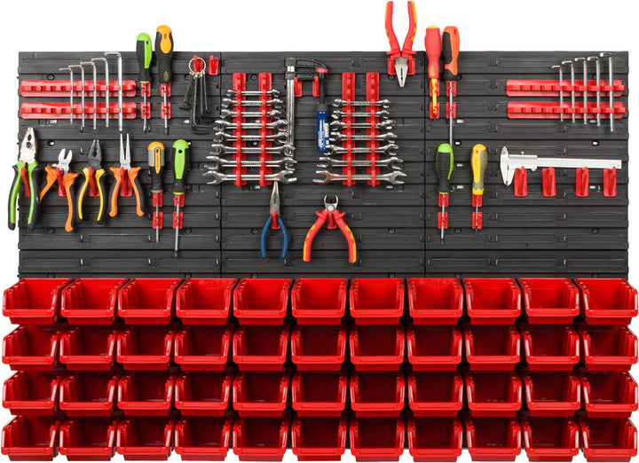 Lagersystem Werkstattregal | 117 x 78 cm | 44 stck. Box | Wandregal mit Werkzeughalterungen und Stap
