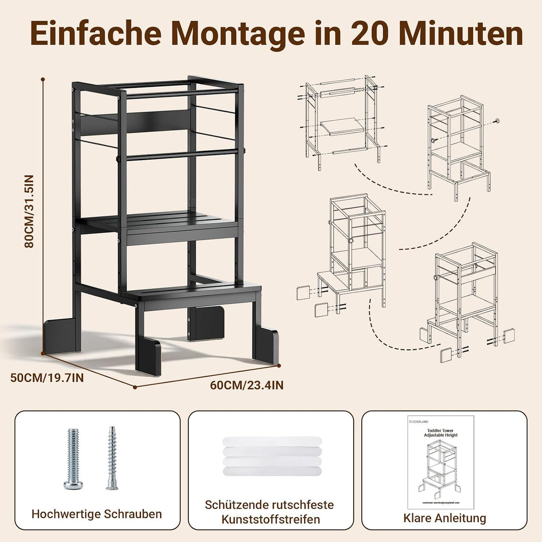 COSYLAND Lernturm ab 1 Jahr Montessori Learning Tower Stahl Stabil, Schwarz | Stabiler Toddler Tower