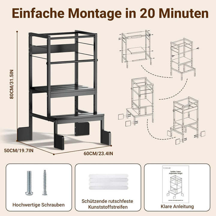 COSYLAND Lernturm ab 1 Jahr Montessori Learning Tower Stahl Stabil, Schwarz | Stabiler Toddler Tower